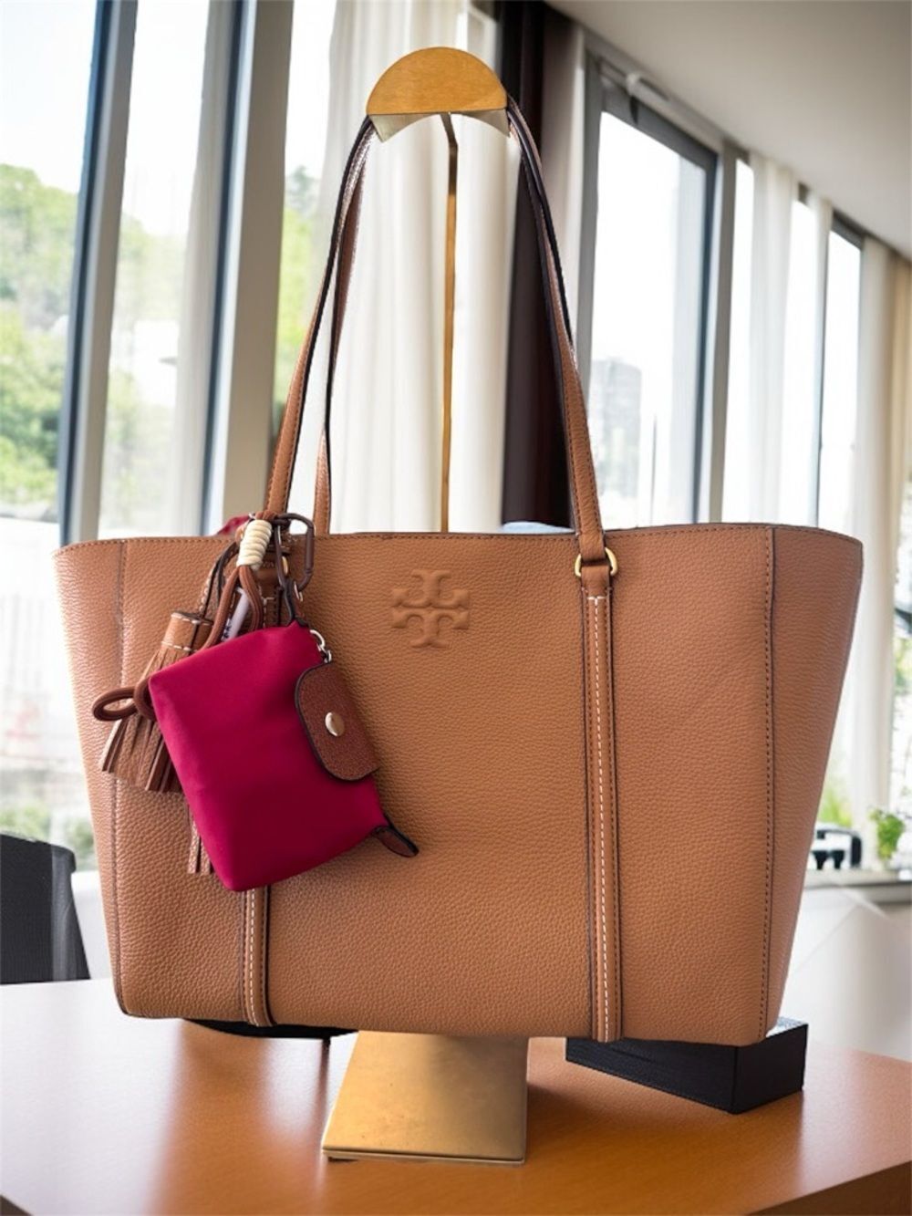 Longchamp Mini Style Canvas Red Women's Pouch Brown Leather Trim Flower Charm